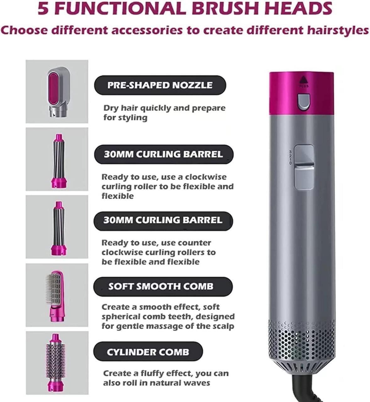 5 in 1 Hair Dryer Brush, Multifunctional Hot Air Styler, Blow Dryer/Curling Iron/Straightener for All Hair Types, 1000 Watts